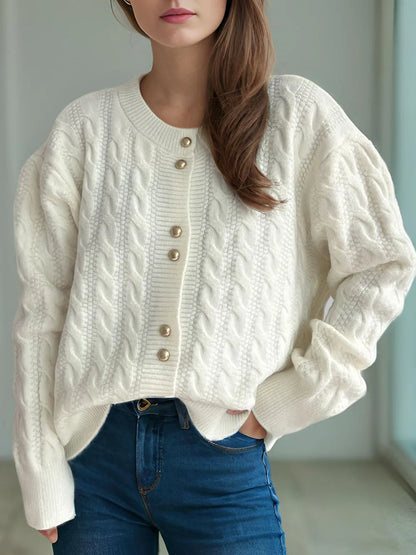 Natalya - Loose cable-knit round neck long sleeve cardigan