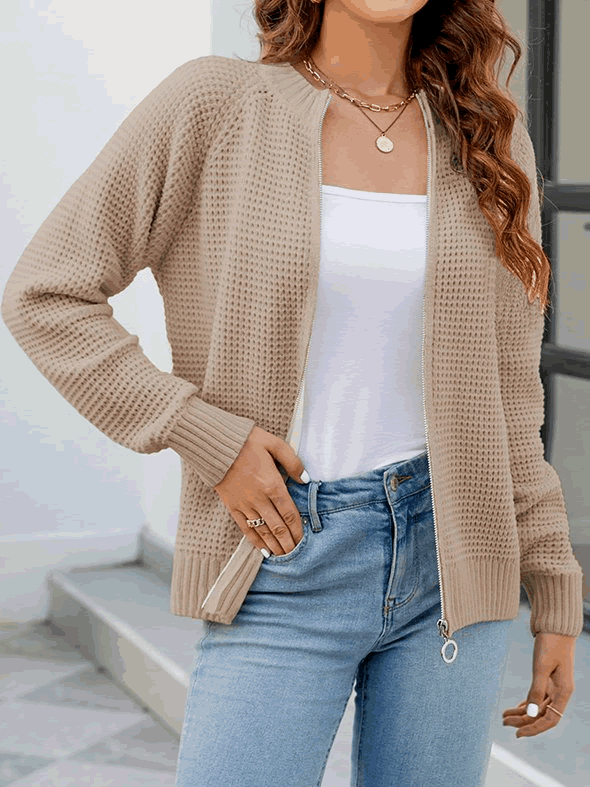 Odette - Stylish waffle knitted zip-up cardigan