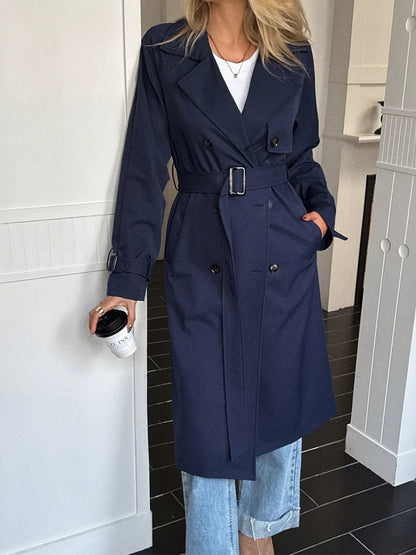 Maine - Casual Long Double-Breasted Trench Coat with Belt