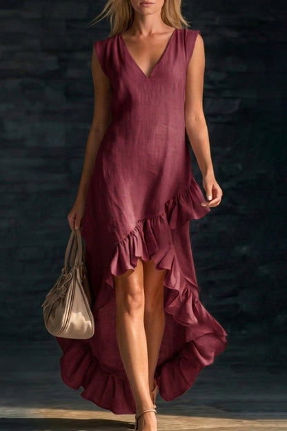 Velinda - Stylish loose V-neck sleeveless ruffled hem maxi dress