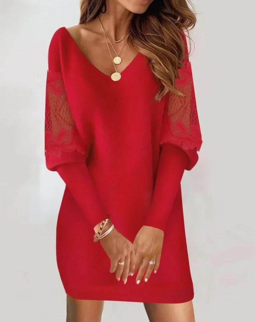Malory - Elegant long-sleeve mini dress with V-neck and lace detailing