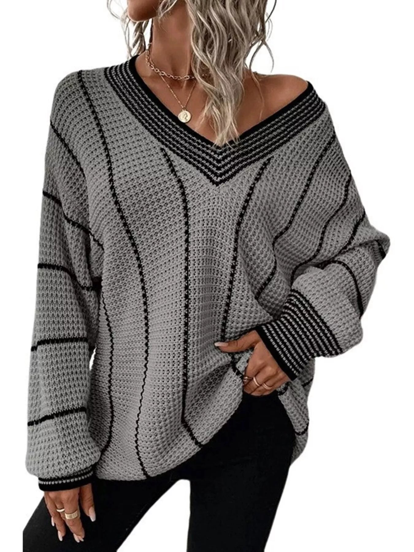 Yazira - Casual loose v-neck textured knit sweater
