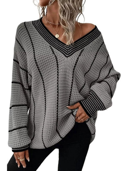 Yazira - Casual loose v-neck textured knit sweater
