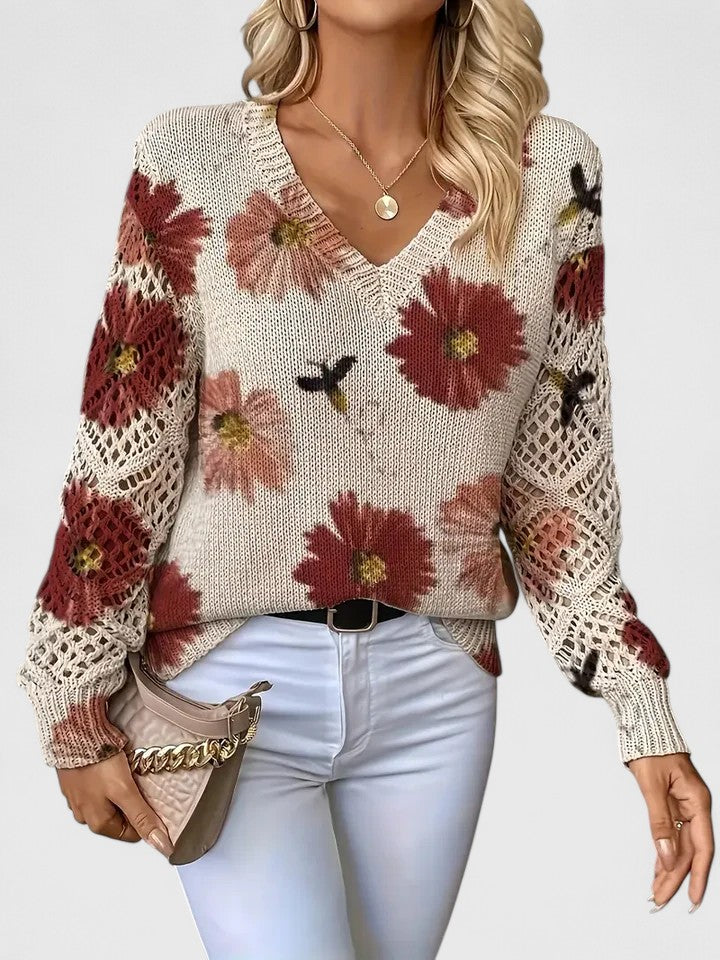 Laryssa - Elegant Sweater with Loose Floral Pattern and V-Neckline