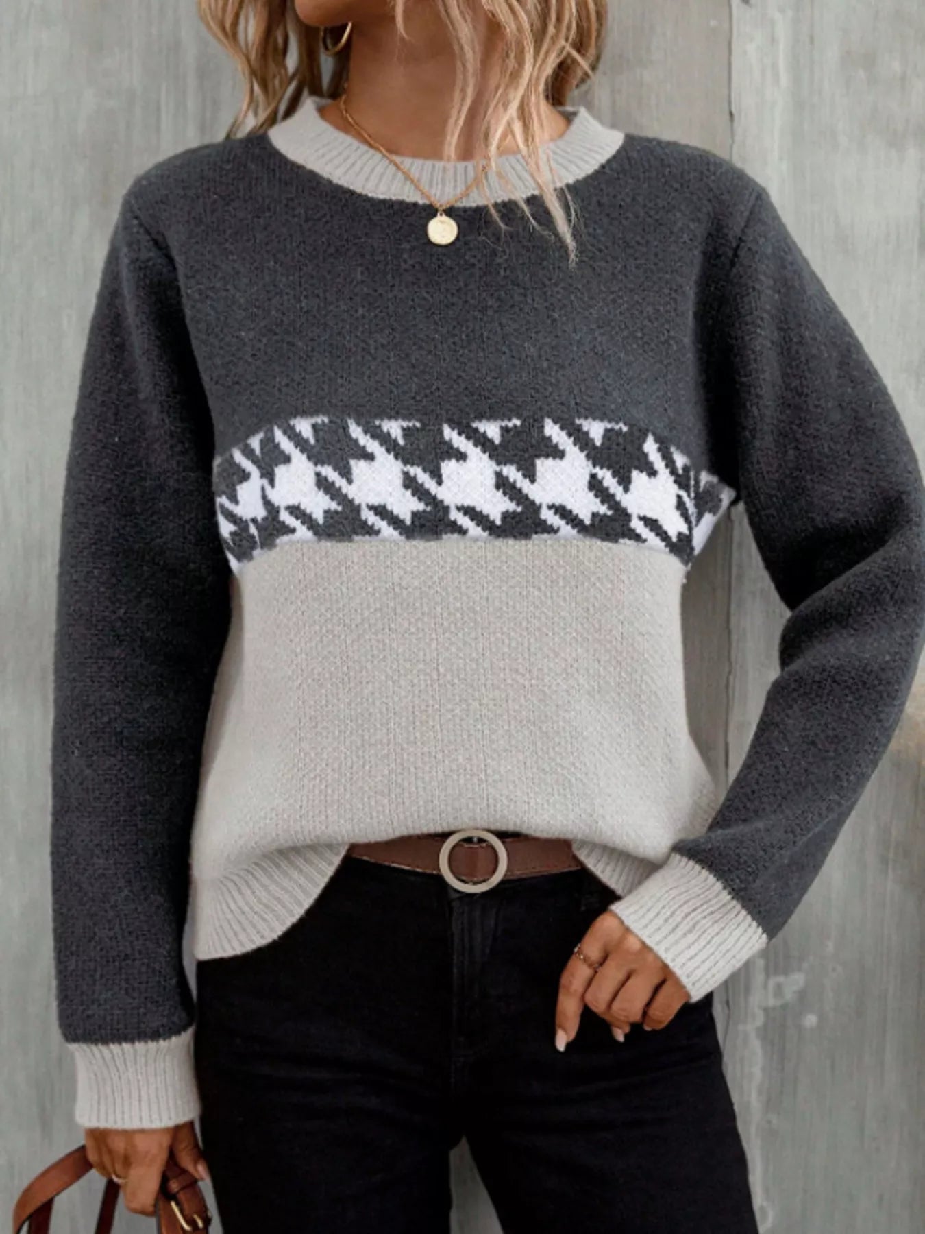 Lucie - Casual color block houndstooth knit sweater