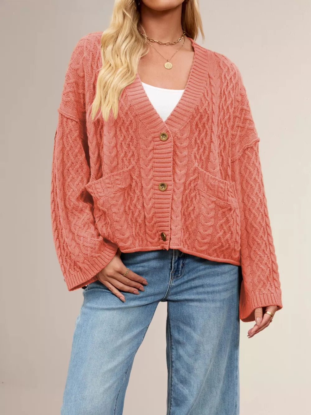 Zenitha - Stylish cable knit button-down loose cardigan