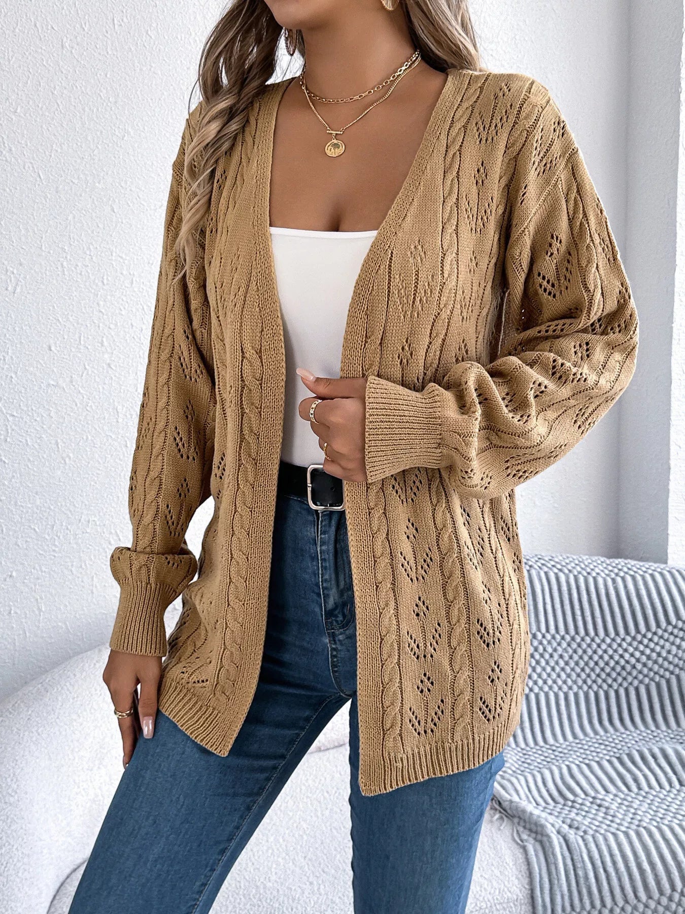 Marigold - Casual open front hollow-out cable knitted cardigan