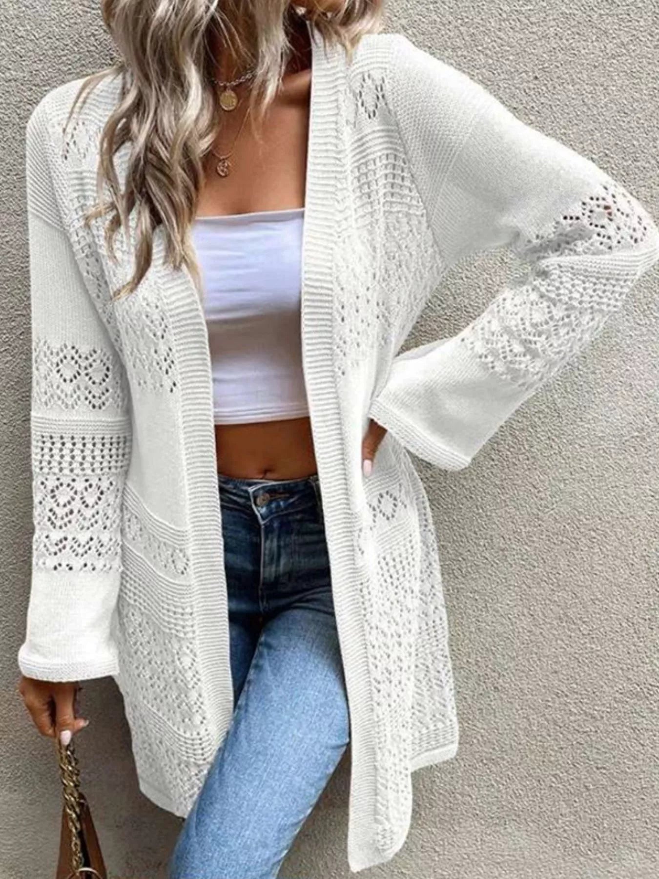Irisha - Casual knitted eyelet open front knit cardigan