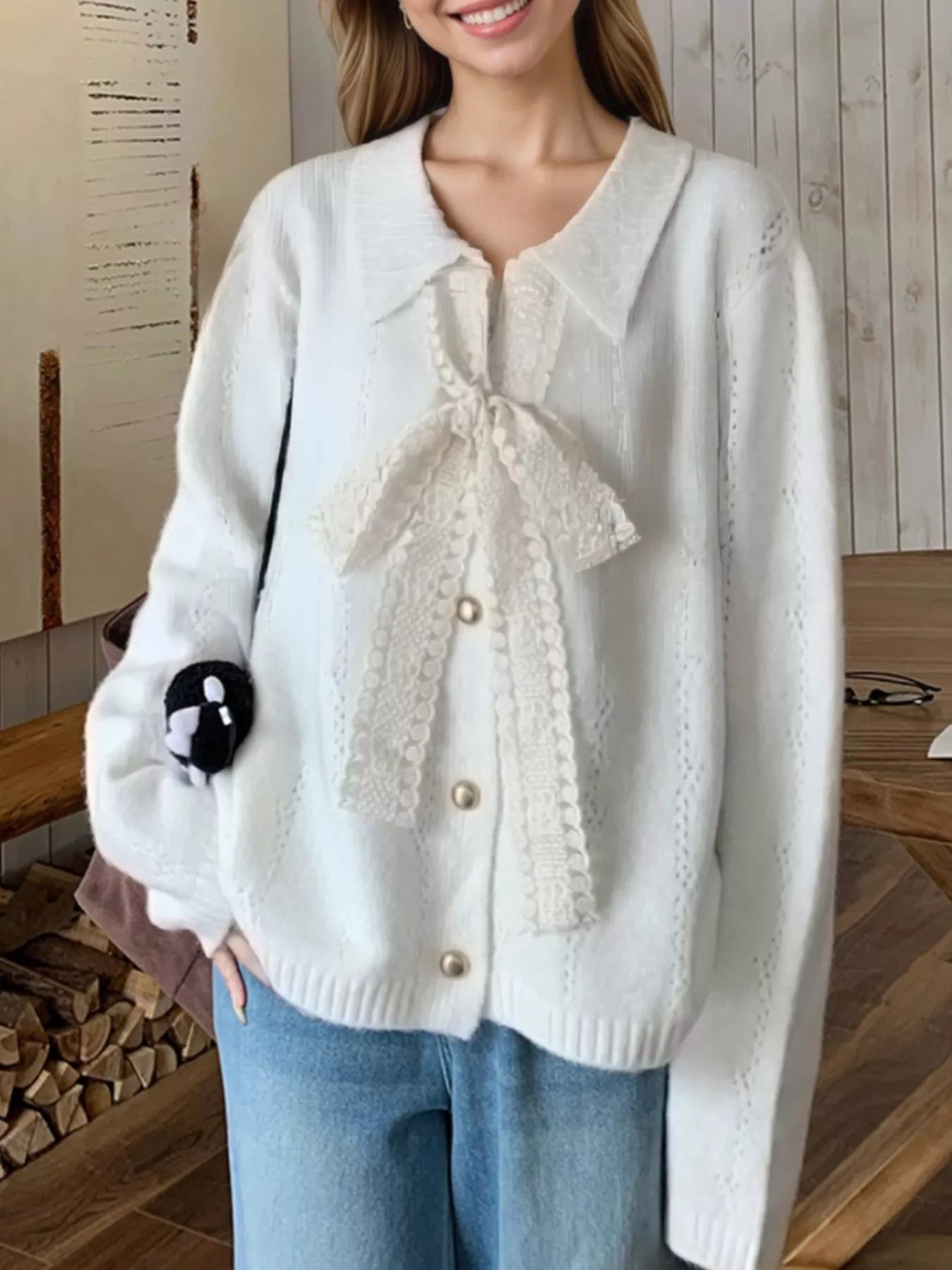 Gianetta - Cozy loose lace tie button-up cardigan