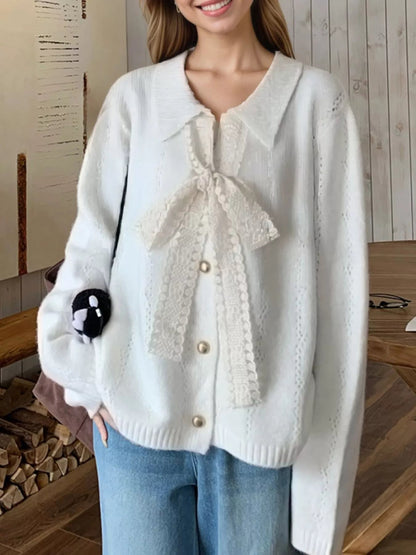 Gianetta - Cozy loose lace tie button-up cardigan