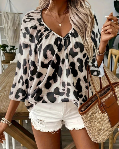 Xylaine - Elegant loose-fit leopard print V-neck long-sleeve blouse