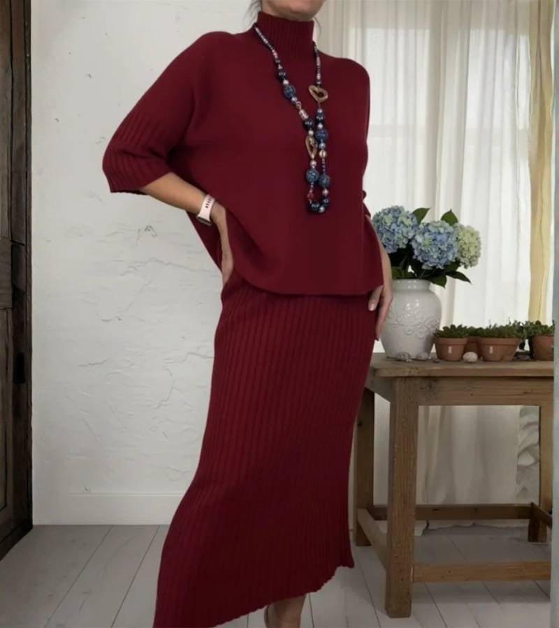 Amaris - Cozy ribbed turtleneck sweater and midi skirt set