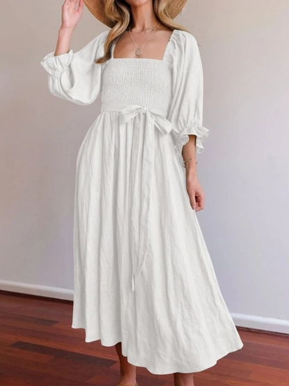 Liza - Stylish ruffle lantern-sleeve dress with drawstring belt