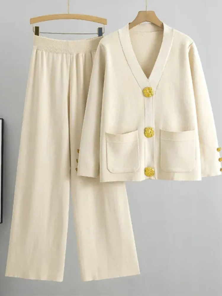 Rika - Elegant Knitted V-Neck Cardigan and Trousers Set