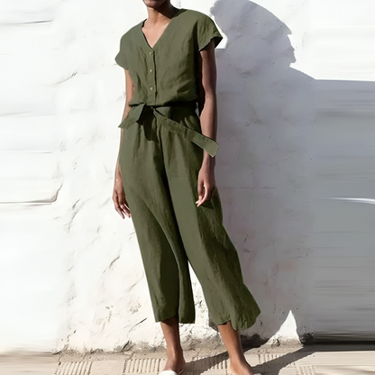 Lizzette - Casual short-sleeve V-neck straight-leg jumpsuit