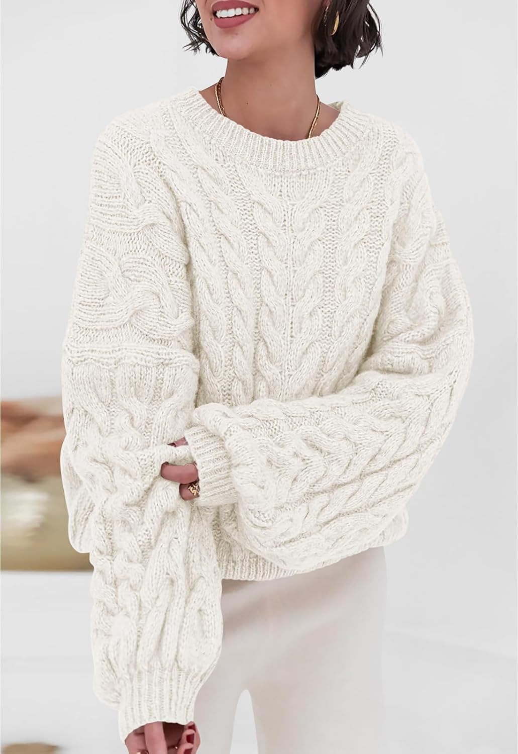 Hara - Chic Loose cable knitted round neck sweater