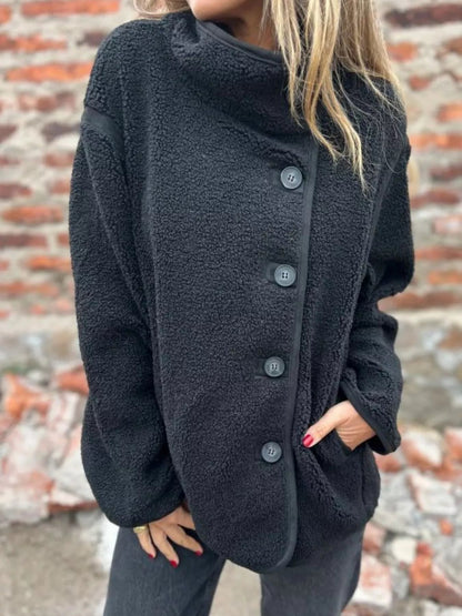 Darcey - Oversized button-up long sleeve fleece warm jacket