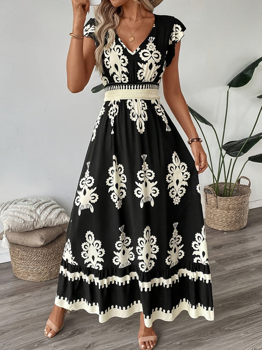 Belicia - Elegant bohemian V-neck maxi dress with ethnic print,