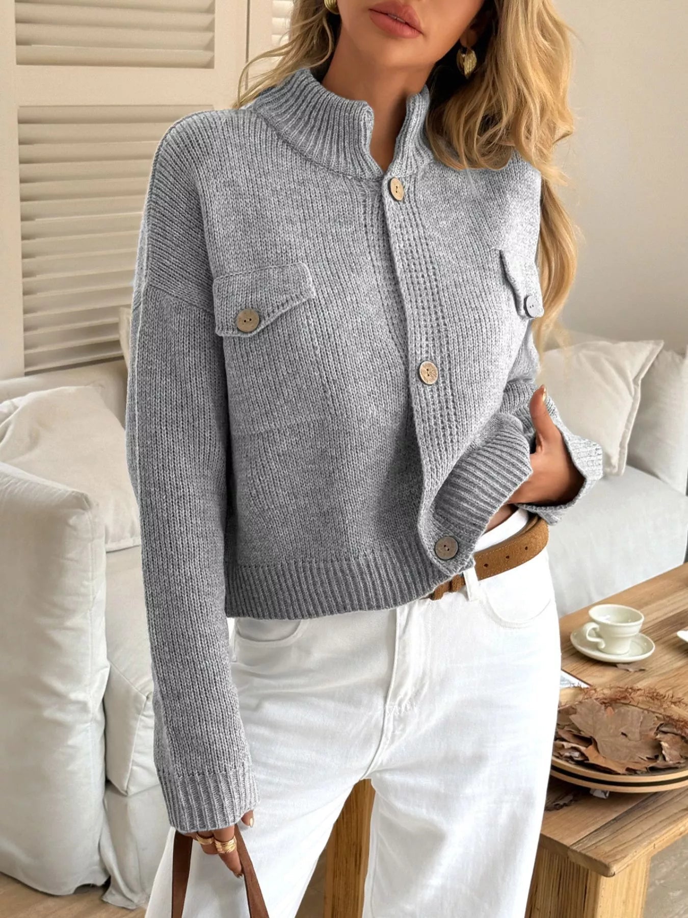 Vespera - Cozy knitted warm button cropped cardigan