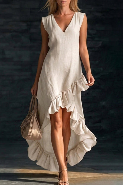 Velinda - Stylish loose V-neck sleeveless ruffled hem maxi dress