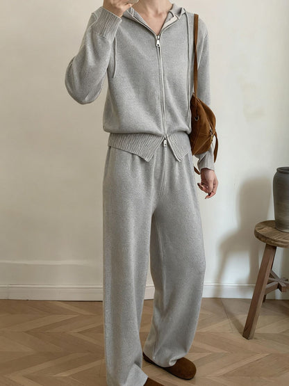 Audrey - Zip-up knitted cardigan and drawstring wide leg pants set