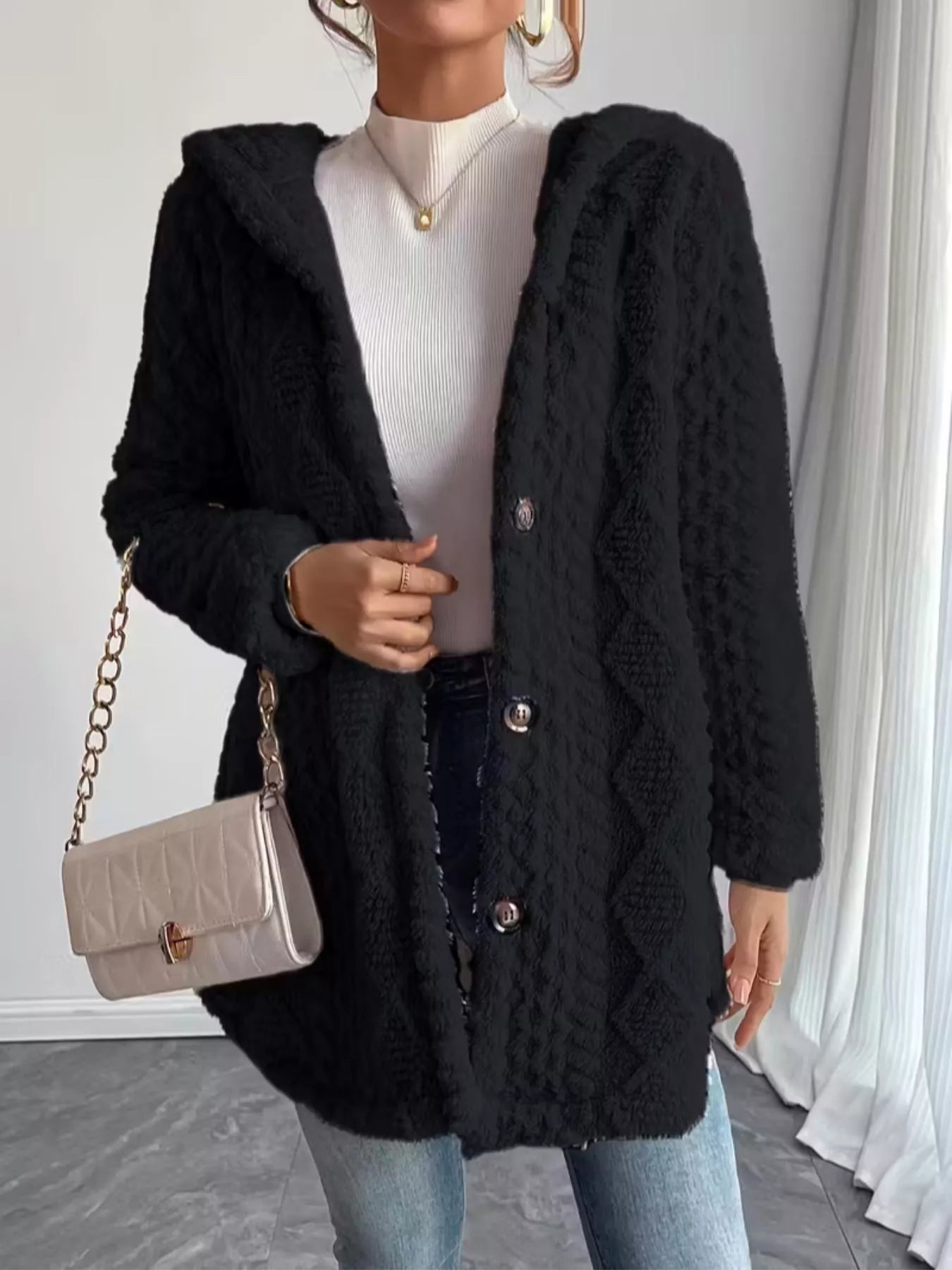 Darlina - Cozy textured button-front hooded jacket