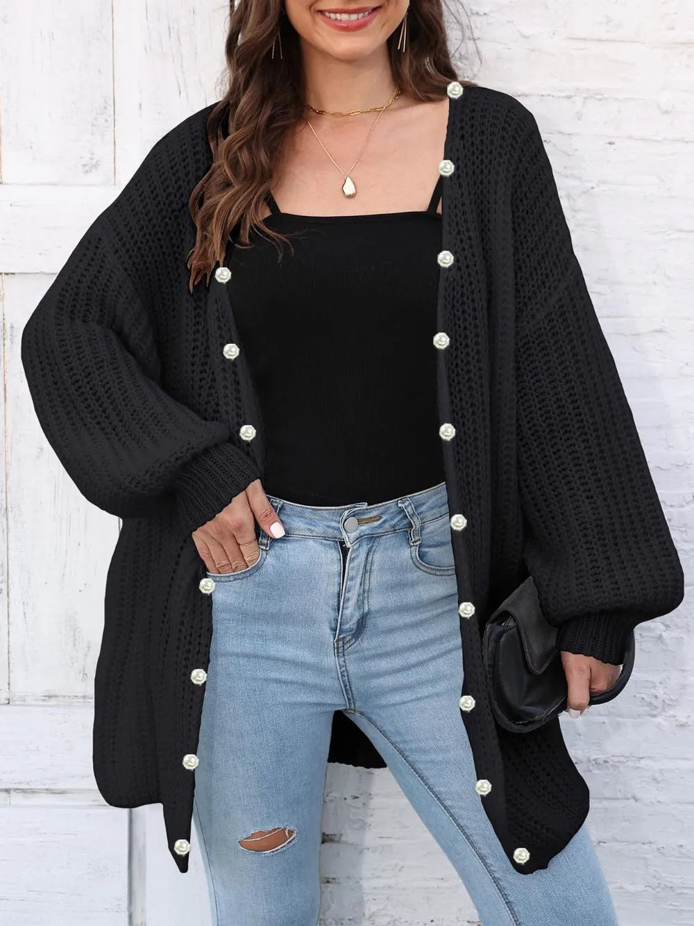 Eunike - Cozy loose knitted open front long sleeve cardigan