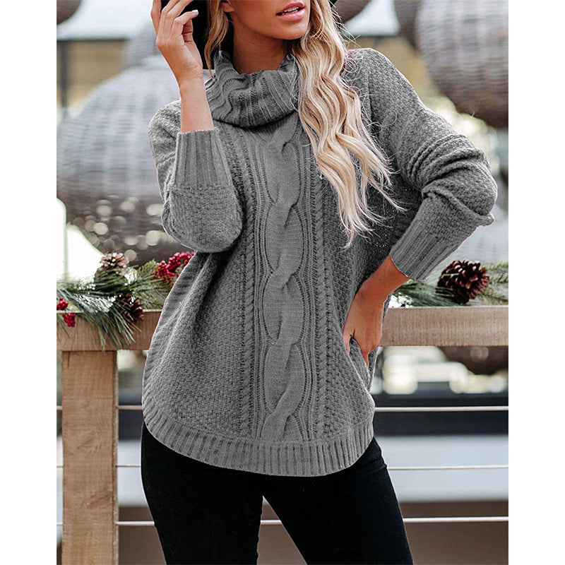 Winnie -  Cozy loose high collar cable knitted sweater