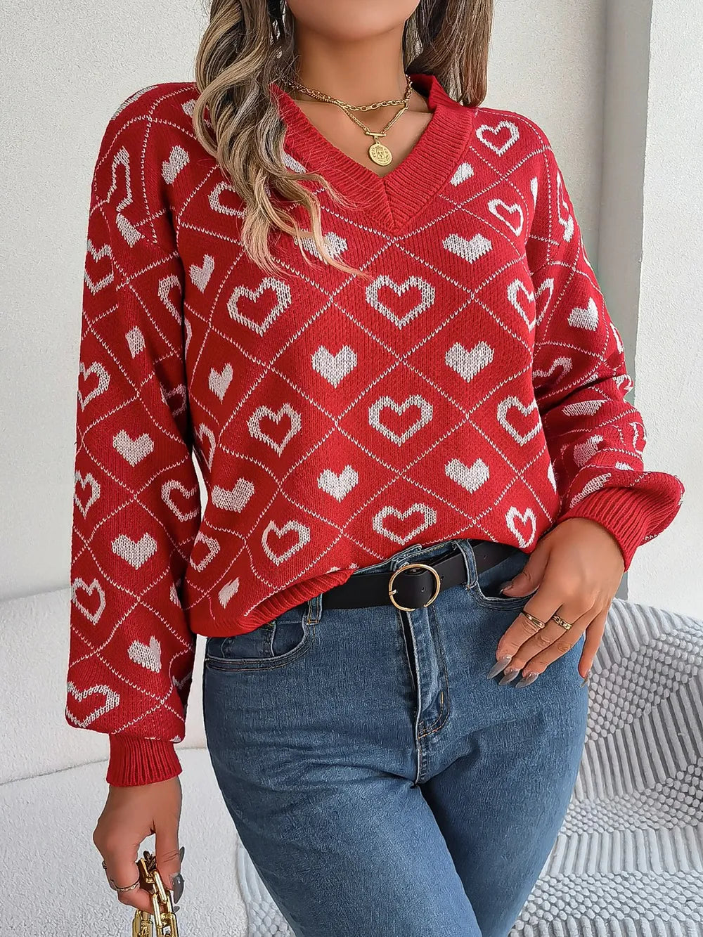 Brianne - Chic heart pattern V-neck long sleeve sweater