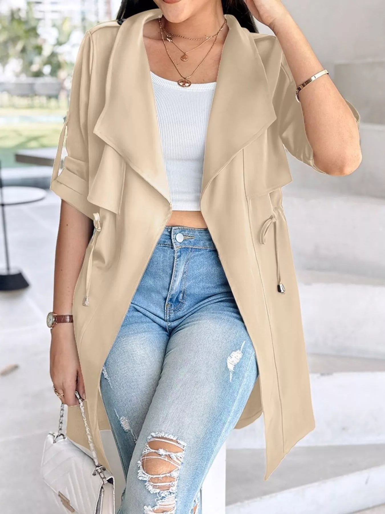 Vica -  Elegant versatile drape collar trench coat