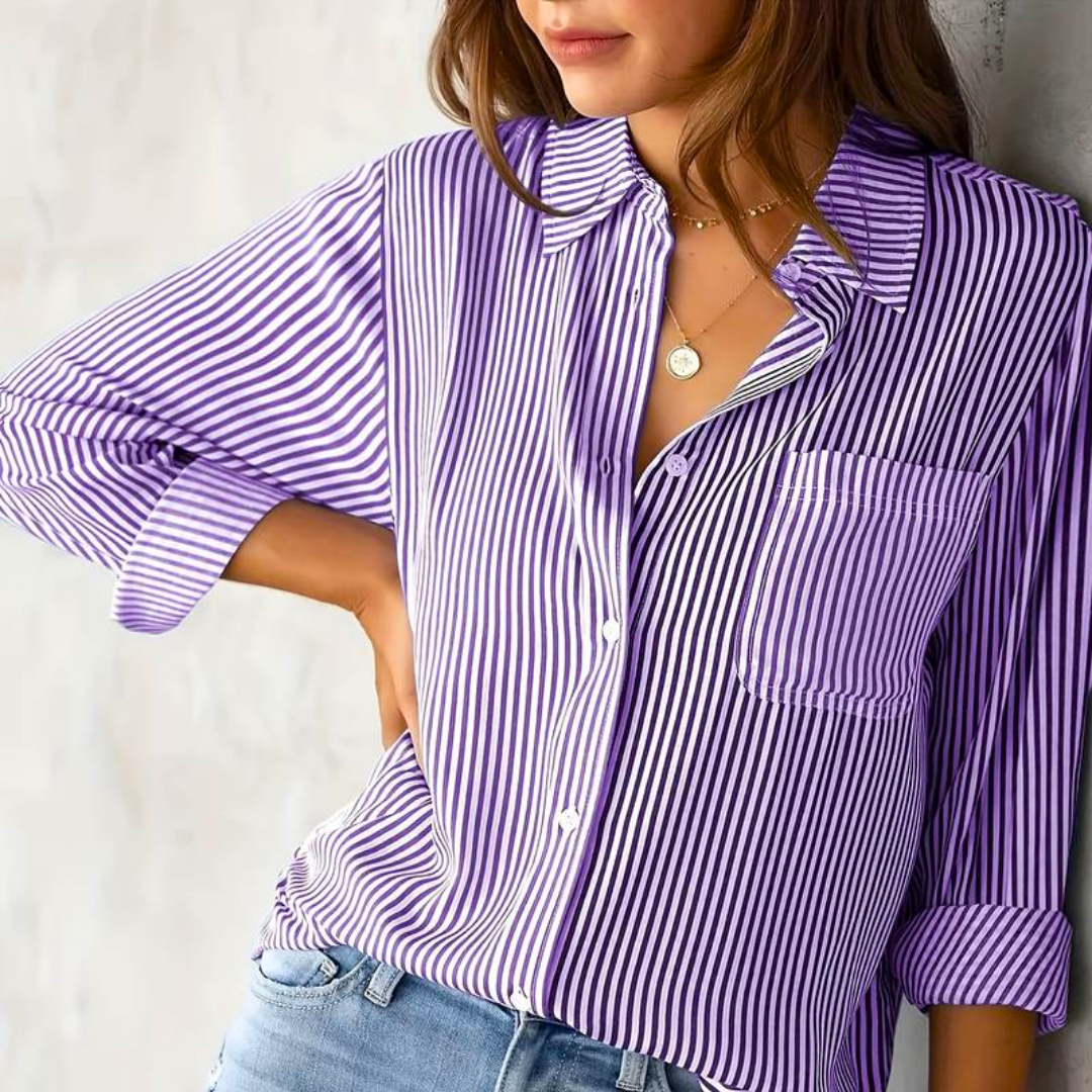 Nyanna - Elegant striped button-up polo blouse