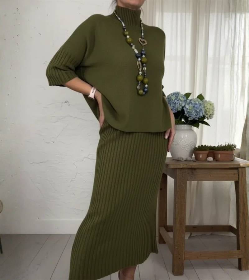 Amaris - Cozy ribbed turtleneck sweater and midi skirt set