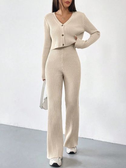Zariah - Stylish ribbed knitted V-neck sweatshirt and pants set