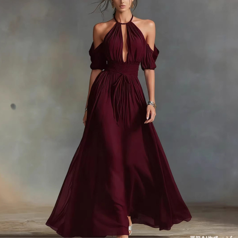Maggie - Elegant halter neck off shoulder maxi dress