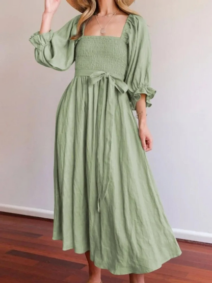 Liza - Stylish ruffle lantern-sleeve dress with drawstring belt