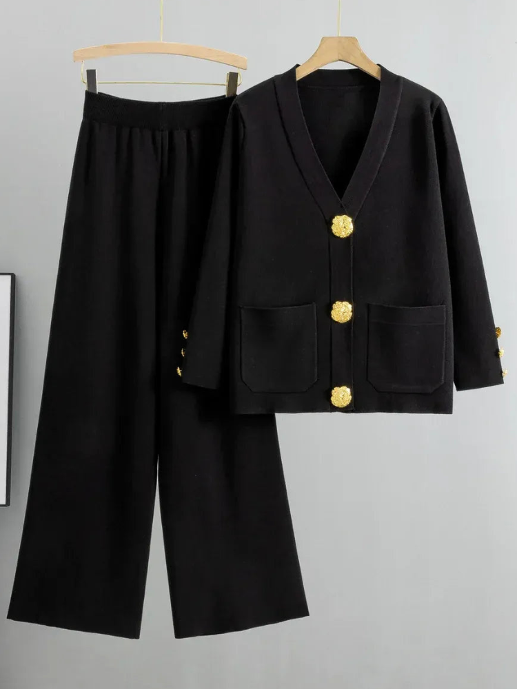 Rika - Elegant Knitted V-Neck Cardigan and Trousers Set