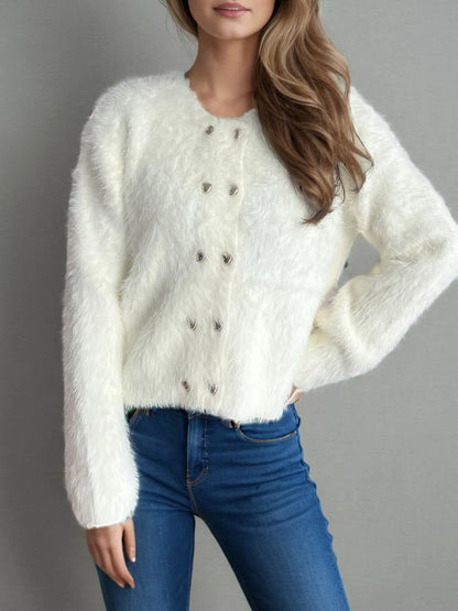 Zilena - Stylish warm heart button round neck cardigan