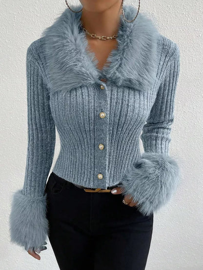 Ninette - Faux fur trim ribbed knit cropped cardigan