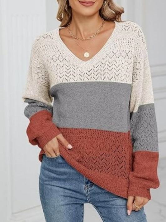 Hannela - Elegant striped eyelet V-neck jumper