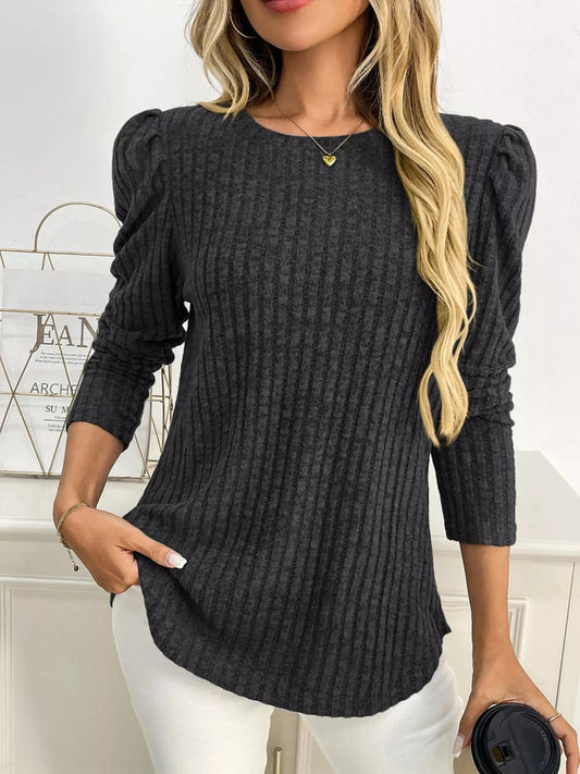 Yanna - Elegant Long-Sleeve Ribbed Sweatshirt with Round Neck and Puff Sleeves