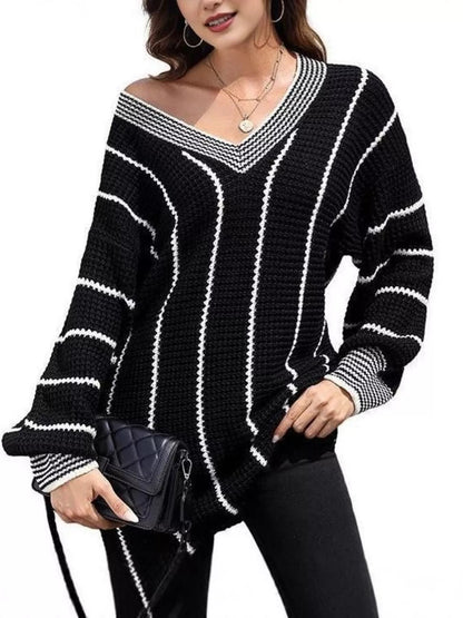 Yazira - Casual loose v-neck textured knit sweater