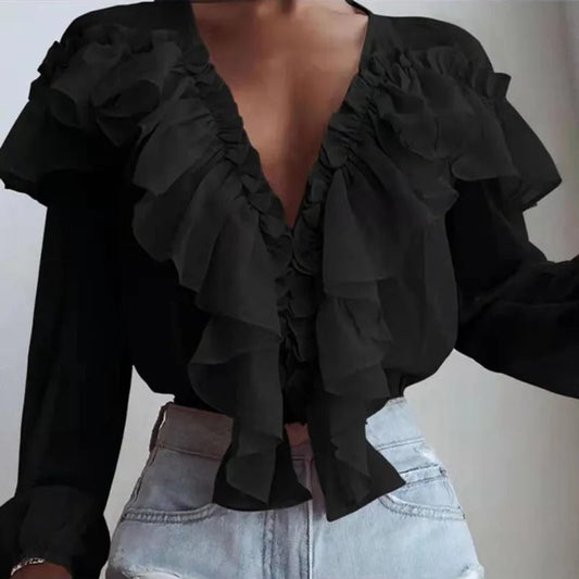 Nychelle - Elegant long-sleeve ruffle blouse with deep V-neck