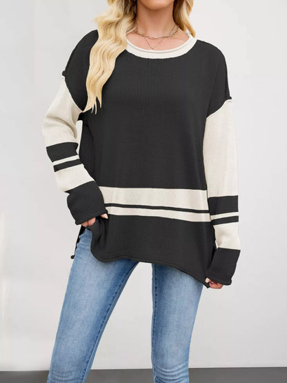 Wanda - Stylish loose color block side slit sweater
