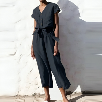 Lizzette - Casual short-sleeve V-neck straight-leg jumpsuit