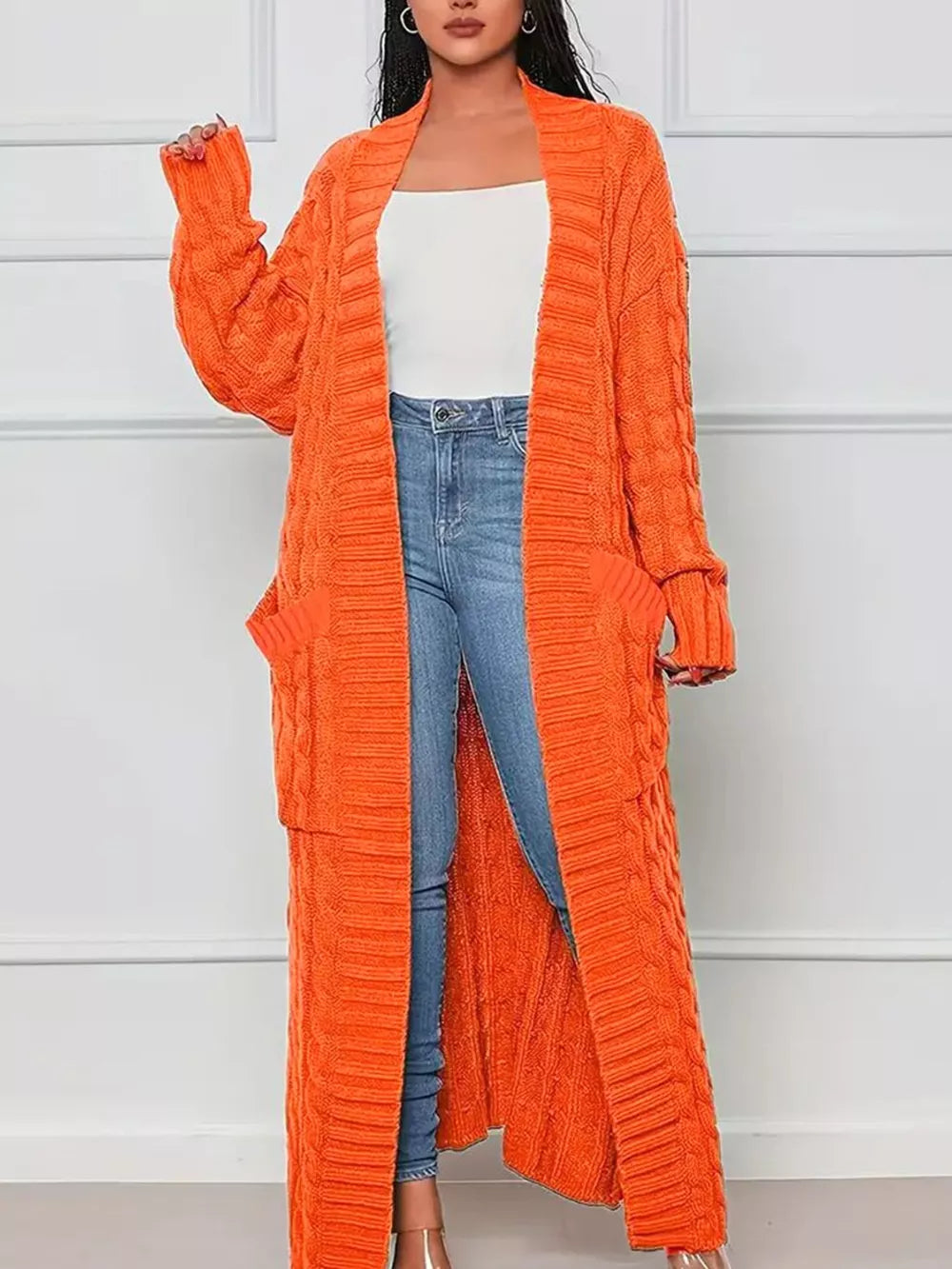 Zasha - Casual loose cable knit longline sweater cardigan with pockets