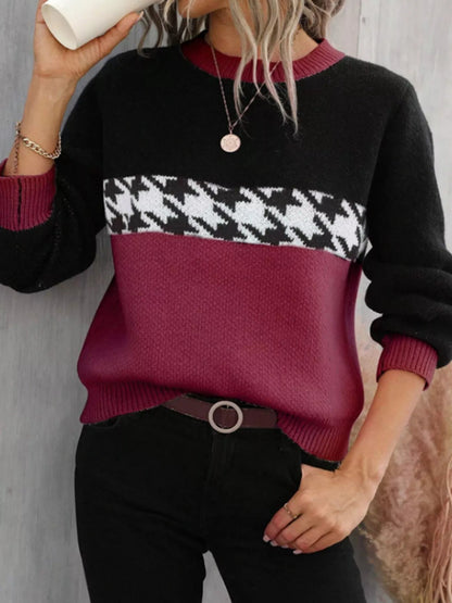 Lucie - Casual color block houndstooth knit sweater