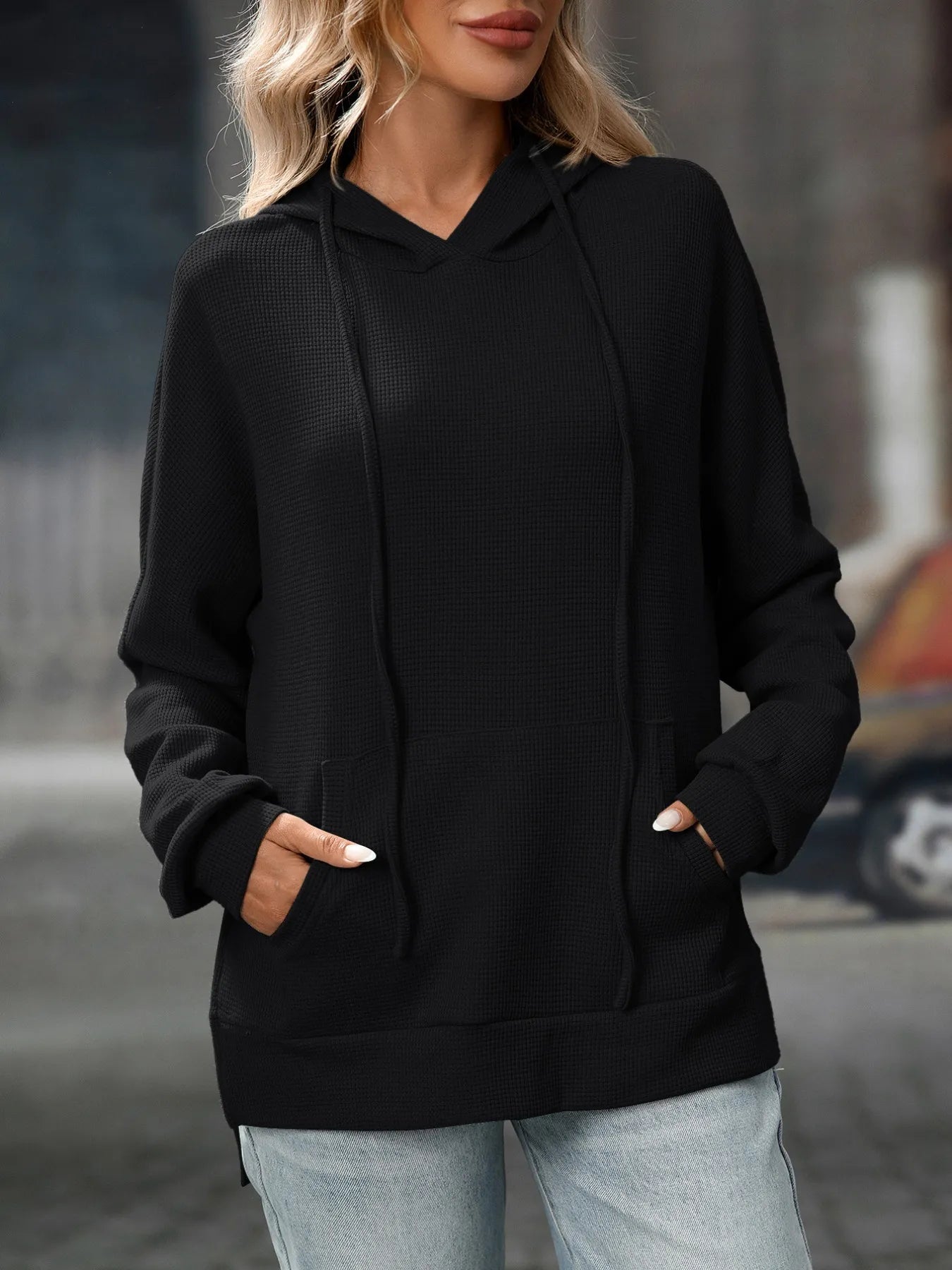 Thalina - Casual textured hoodie jacket with adjustable drawstring