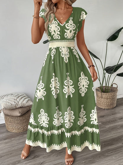 Belicia - Elegant bohemian V-neck maxi dress with ethnic print,