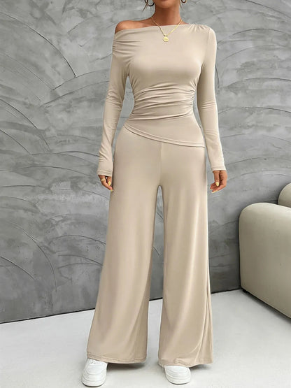 Mireya - Elegant long-sleeve fitted top and wide-leg trousers set