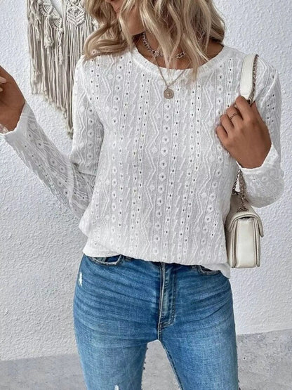 Kaity - Elegant Long-Sleeve Blouse with Round Neck and Eyelet Details